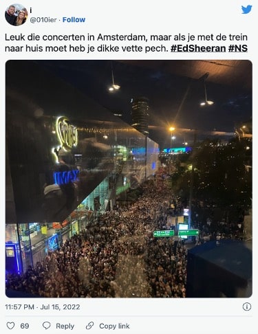 Twitterbericht over mensenmassa na concert van Ed Sheeran in Amsterdam